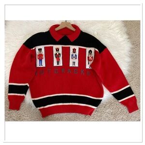 Fia Italia Vintage Nutcracker Graphic Knit Sweater Collard Red Black Size Large